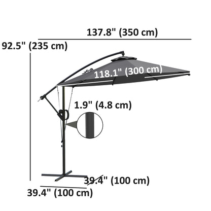 118.1" Patio Offset Umbrella with Cover and Wind Protection Strap,with Crank Handle and Tilt, UPF50+, Grey