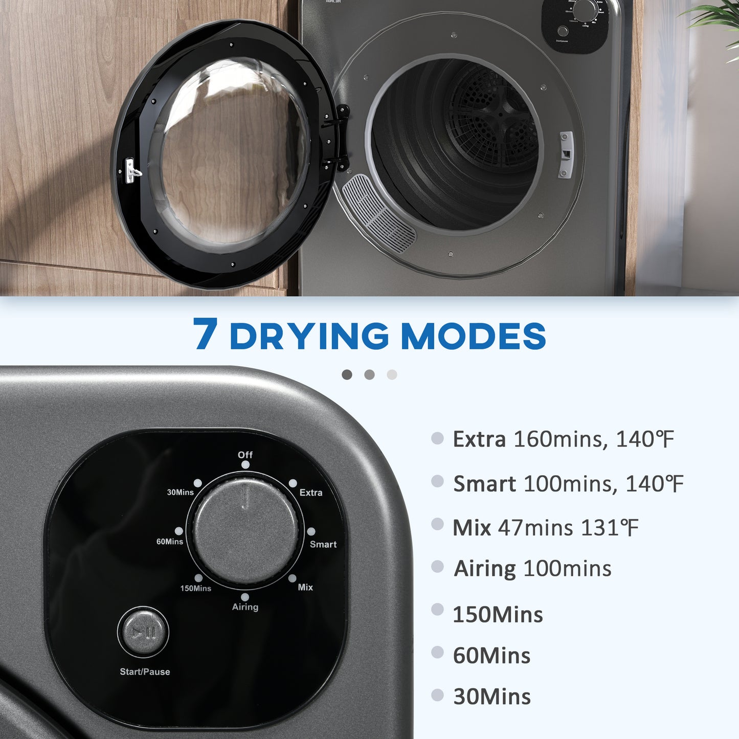 Compact Laundry Dryer Machine, 1300W, 3.22 Cu. Ft. Electric Portable Clothes Dryer with 7 Drying Modes for Apartment or 
