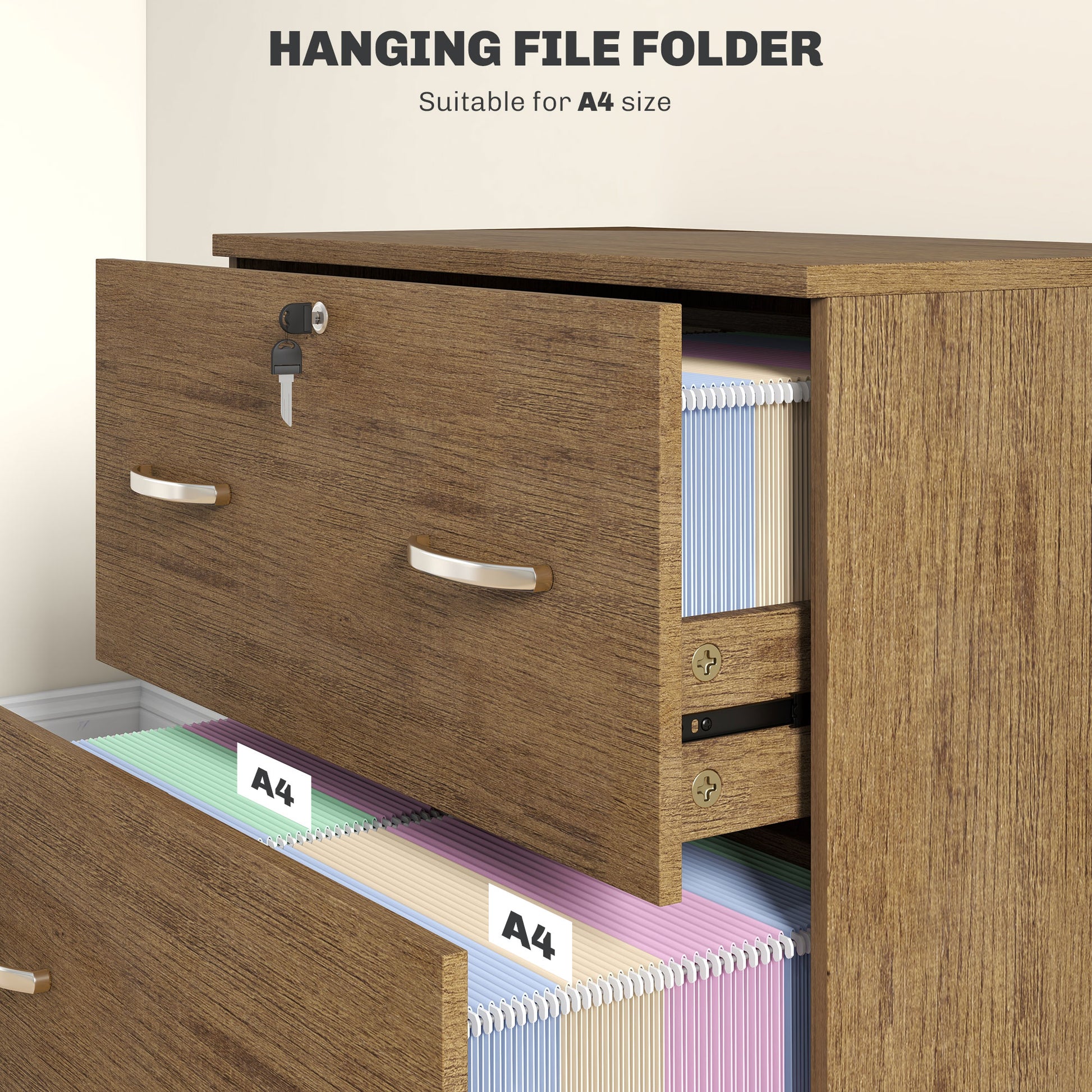 2 Drawer File Cabinet with Lock, Office Filing Cabinet, Hanging Bar for Letter Size, Home Office, Light Brown