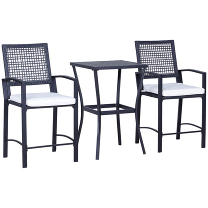 3 Pieces Outdoor Wicker Bar Set, Classic Bistro Bar Set Garden Rattan Style Patio Bar Table & High Chairs w/ Cushions Ho