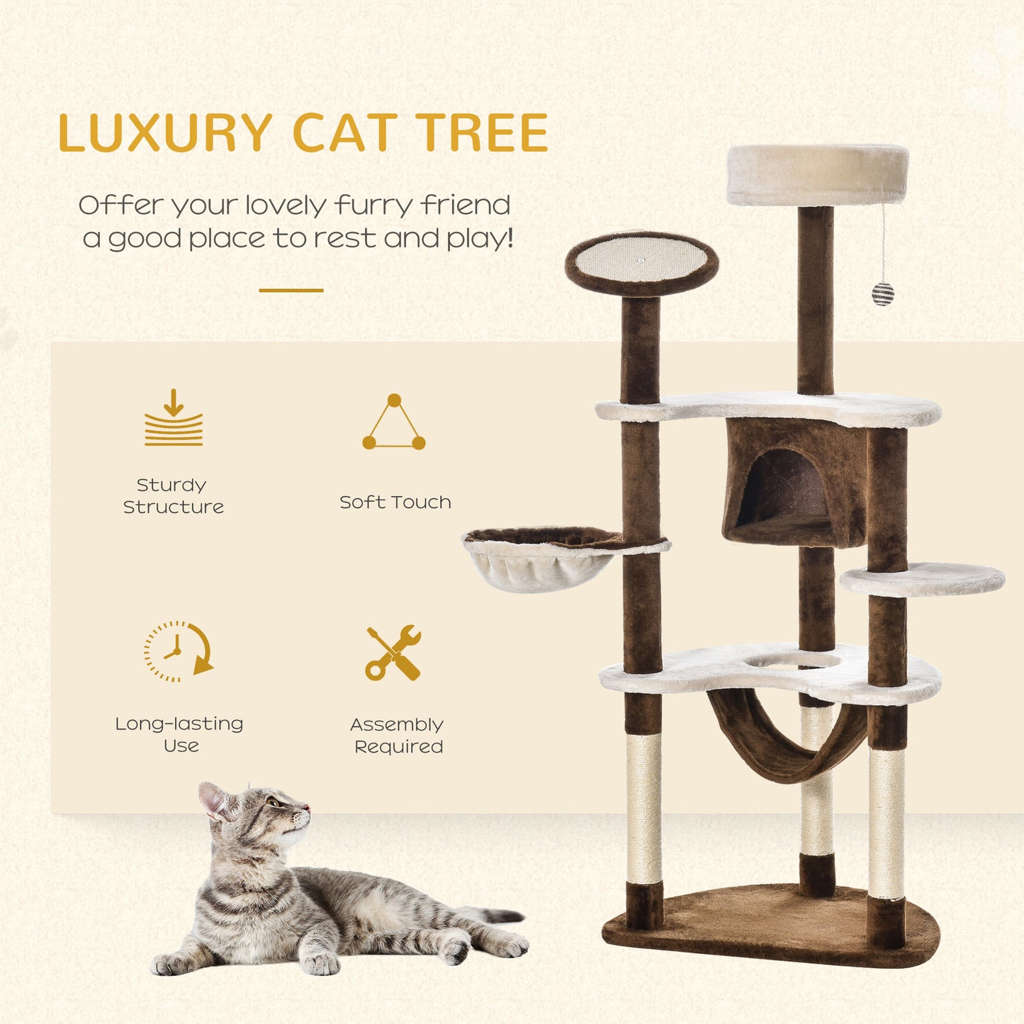 60" Cat Scratching Tree, Cat Bed Condo Post House Pet Furniture Toys-Brown & Beige