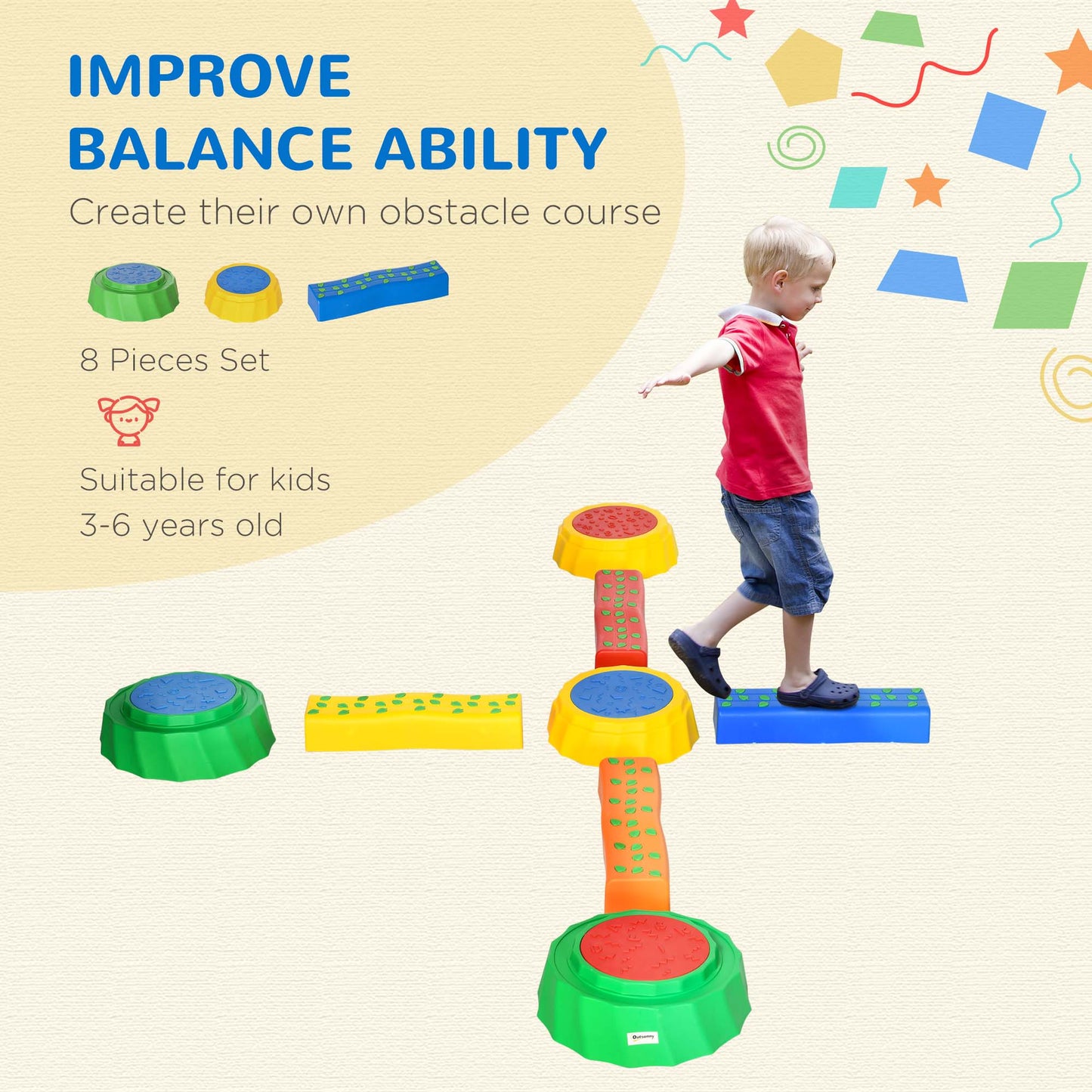 8pcs Balance Beam for Kids, 4 Sensory Pads and 4 Beams with Non-slip Surface & Bottom, Stackable Stepping Stones Kids fo