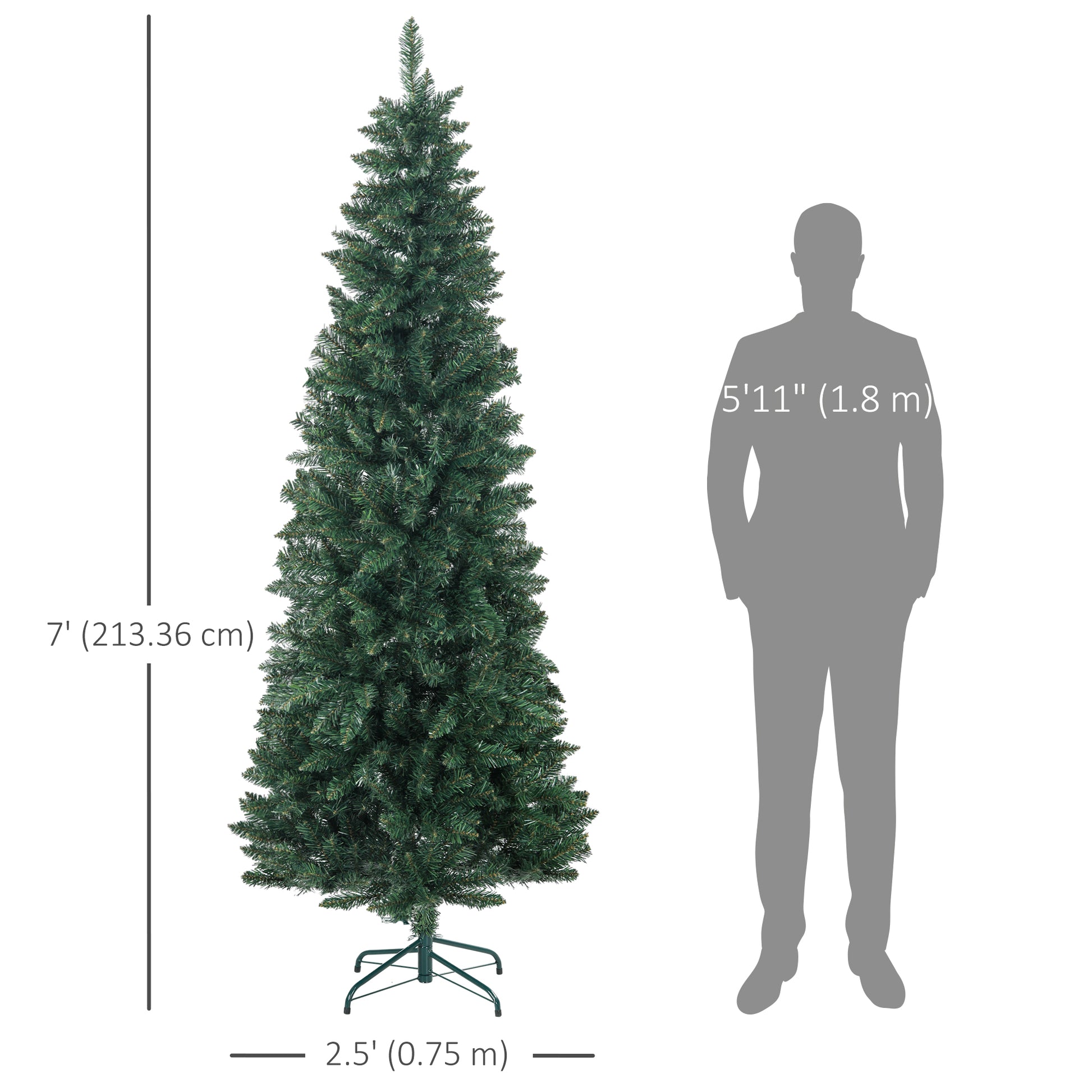 7ft Tall Pencil Artificial Christmas Tree with 687 Branch Tips with Steel Base, Green
