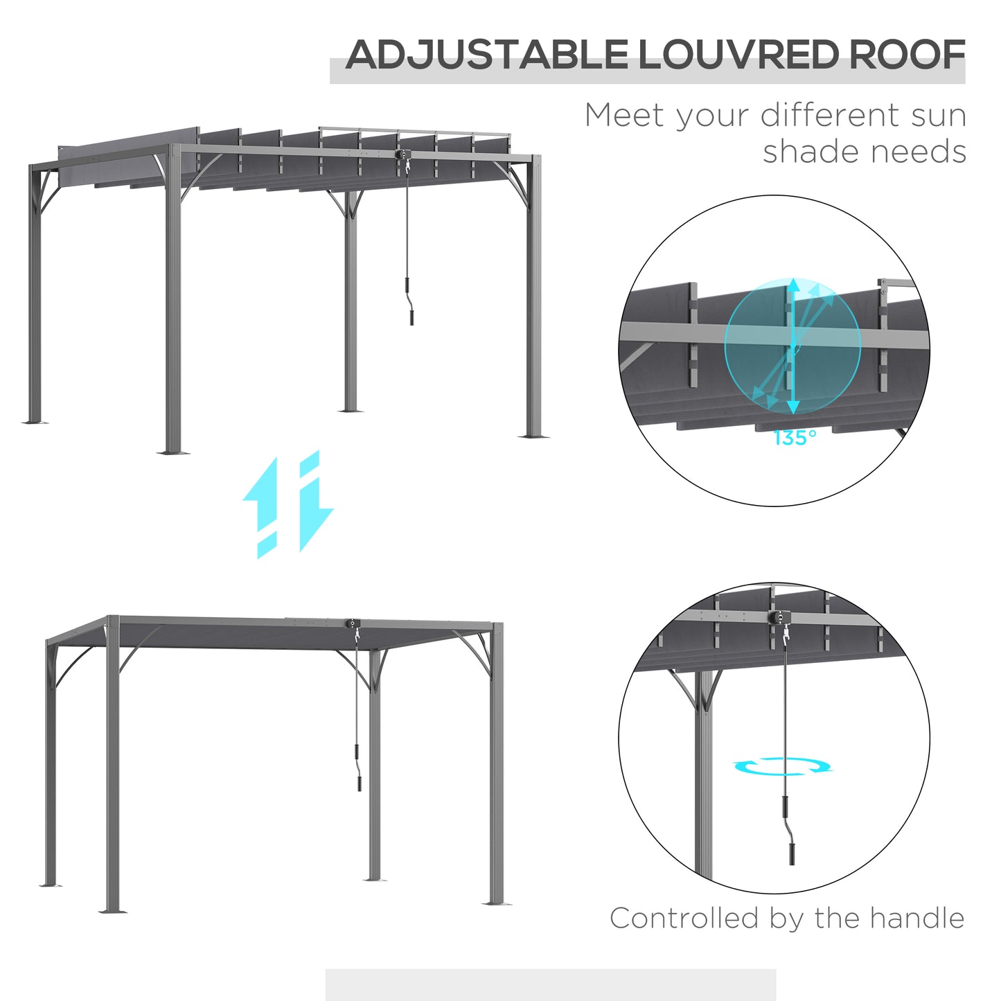 9.7' x 9.7' Outdoor Pergola with Retractable Roof, Aluminium Louvered Pergola Canopy Gazebo for Lawn Garden Patio, Grey