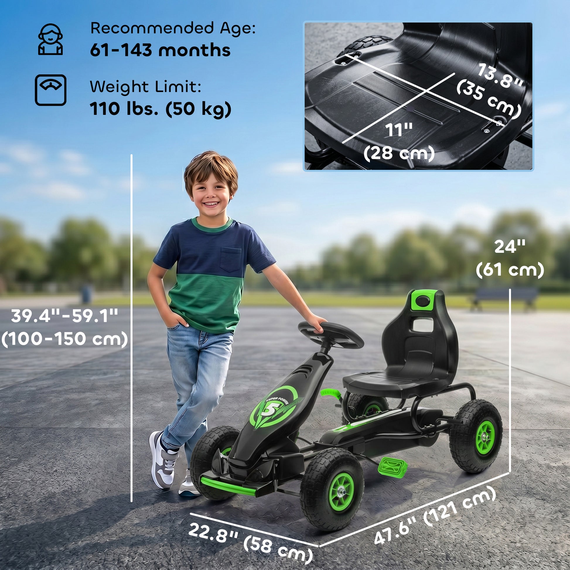 VarietyKart Pedal Go Kart w/ Adjustable Seat, Rubber Wheels Shock Absorb, Green