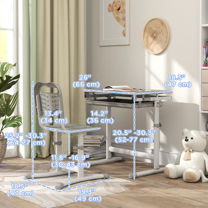 Qaba Height Adjustable Study Table and Chair Set with Drawer, Pen Slot, Tiltable Desktop, Hook, Grey