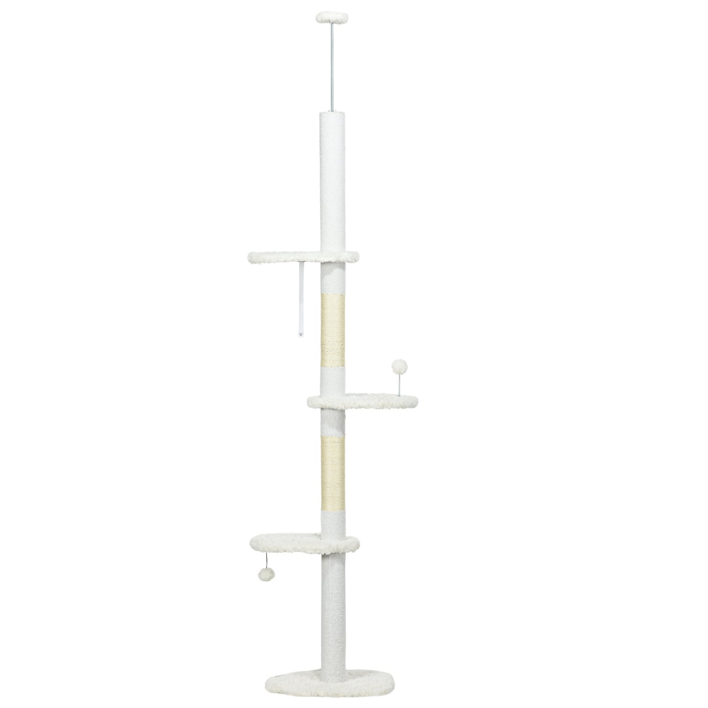 88.5"-100.5" Floor to Ceiling Cat Tree, Cat Tower with Scratching Posts, Cloud Shaped Platforms, Dangling Balls, White
