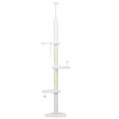 88.5"-100.5" Floor to Ceiling Cat Tree, Cat Tower with Scratching Posts, Cloud Shaped Platforms, Dangling Balls, White