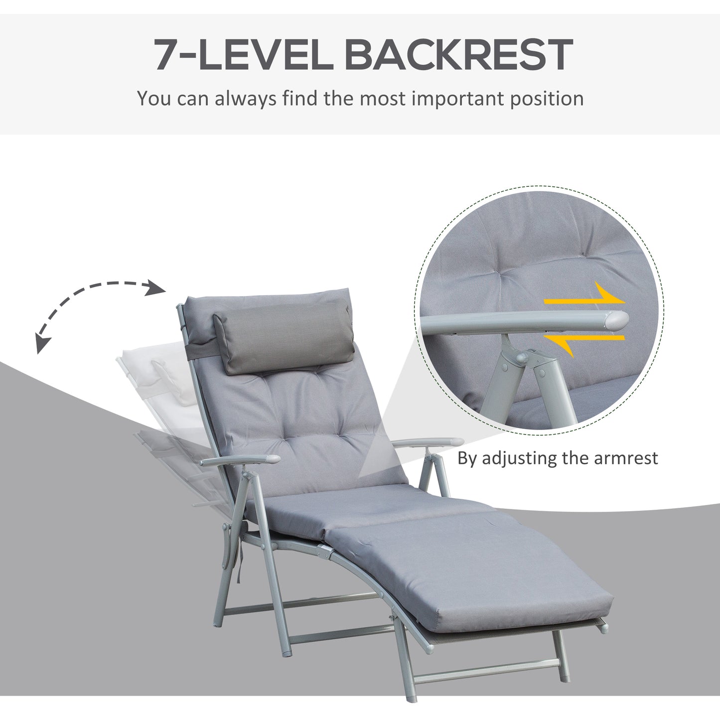 Lounge Chair Outdoor, Folding Patio Chaise Lounger, 360 lbs 7-Position Adjustable Back Outdoor Recliner with Cushion, He