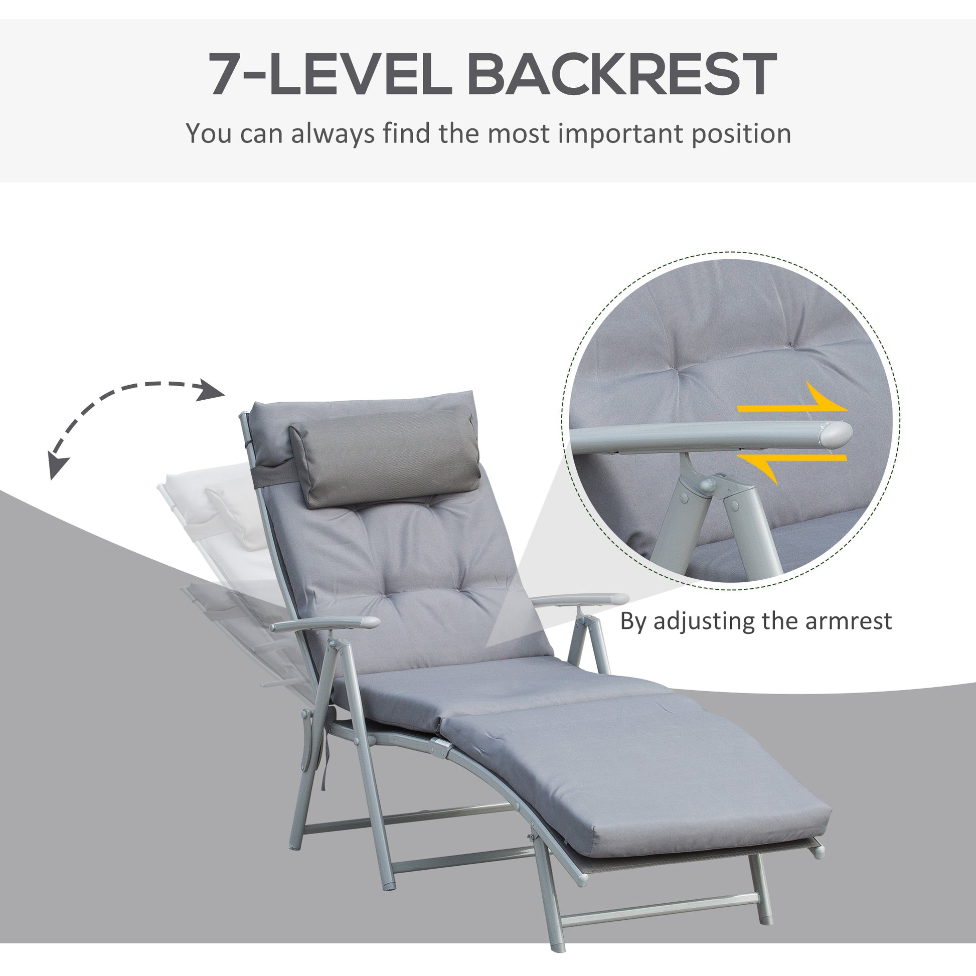 Lounge Chair Outdoor, Folding Patio Chaise Lounger, 360 lbs 7-Position Adjustable Back Outdoor Recliner with Cushion, He