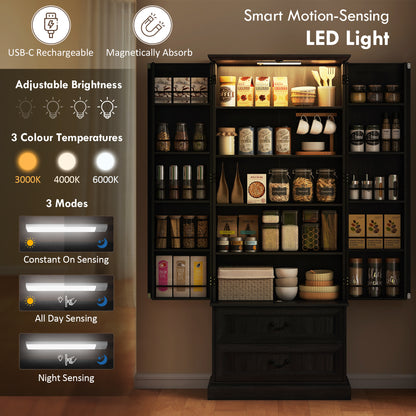 72" LED Kitchen Pantry Cabinet, Buffet Storage Cabinet with 10 Door Shelves, 2 Drawers and Adjustable Shelves, Black