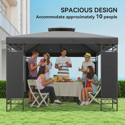 10 x 10 FT Canopy Gazebo, Double Roof Patio Gazebo with Screen Panels and Metal Frame for Deck, Backyard, Dark Grey