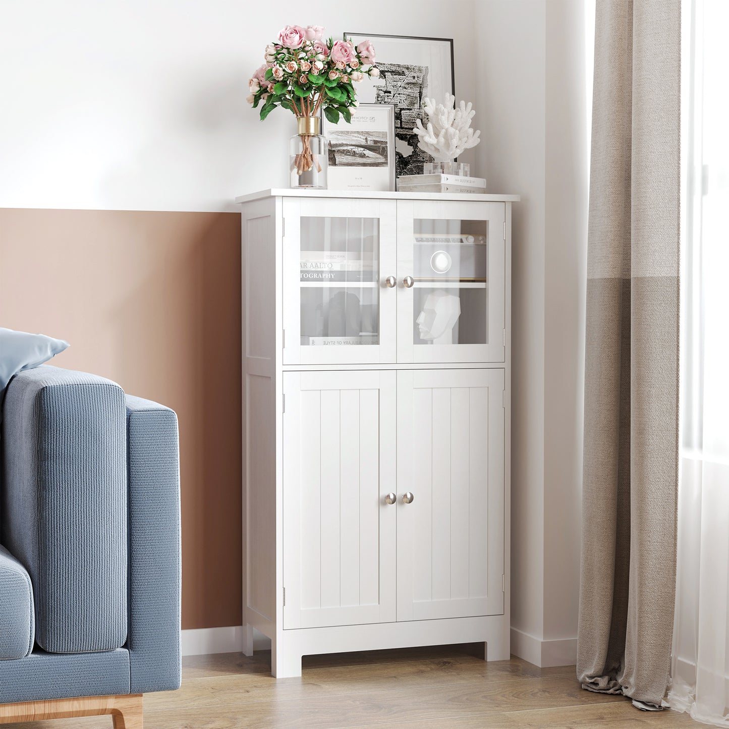 Bathroom Floor Storage Cabinet with Tempered Glass Doors and Adjustable Shelf, Kitchen Cupboard, Free Standing Organizer
