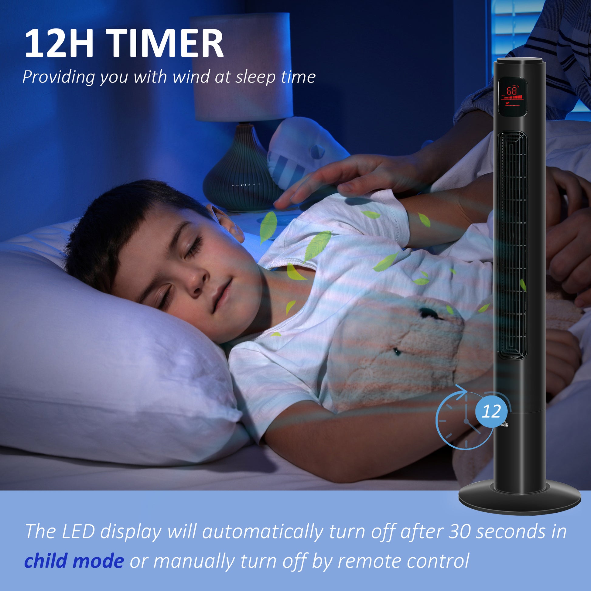 Freestanding Tower Fan Cooling for Home Bedroom with Oscillating, 3 Speed, 12h Timer, LED Sensor Panel, Remote Controlle