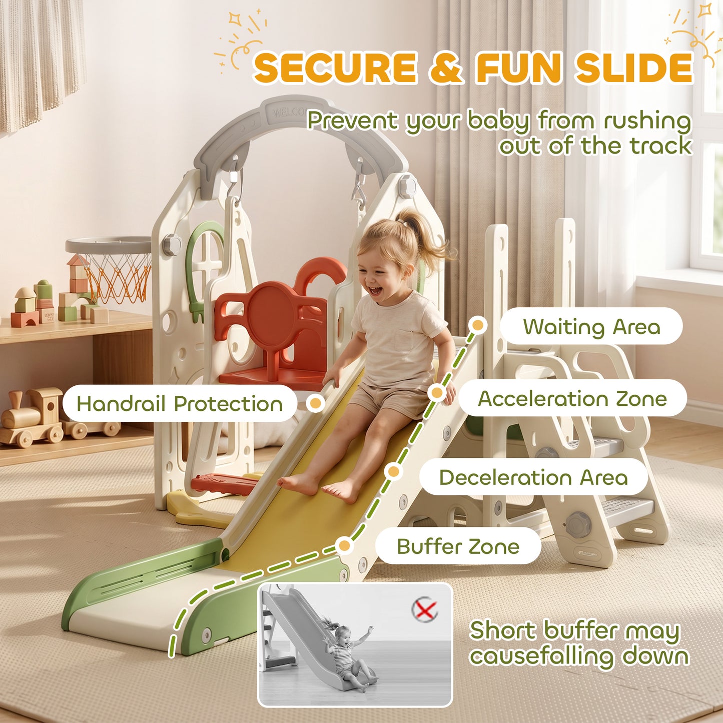 Qaba 6-in-1 Toddler Slide and Swing Set with Adjustable Swing Seat, Ladder, Climbing Wall, Basketball Hoop for Indoor Ou