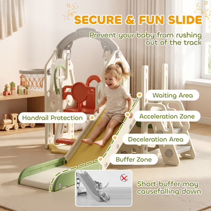 Qaba 6-in-1 Toddler Slide and Swing Set with Adjustable Swing Seat, Ladder, Climbing Wall, Basketball Hoop for Indoor Ou