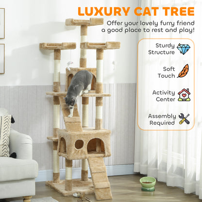 68-inch Multi-Level Cat Scratching Tree Kitty Activity Center Post Tower Condo Pet Furniture w/ Toy Light Brown