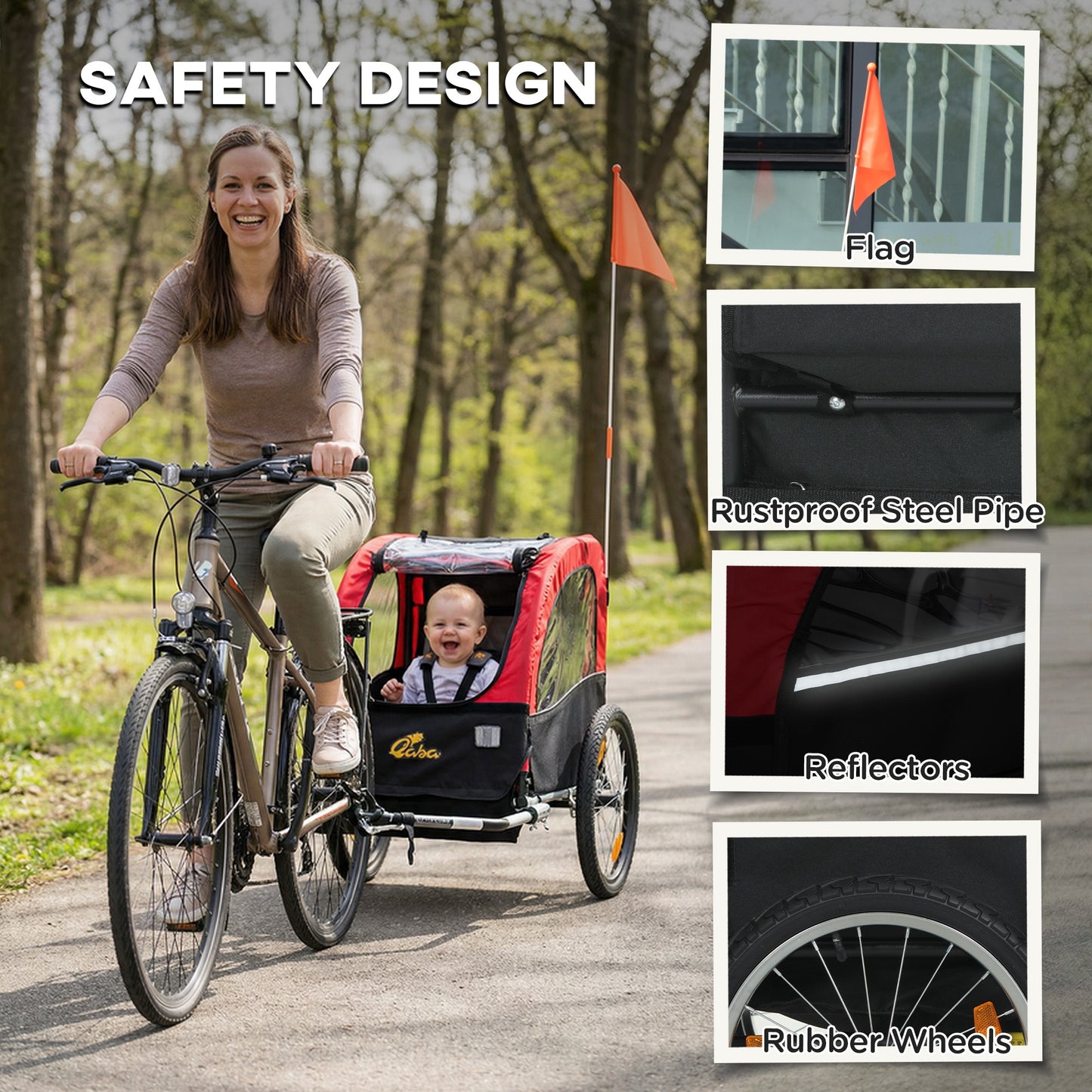 Qaba Bike Trailer for Kids, Baby Bicycle Trailer with 5-Point Harness, 16" Rubber Wheels, Storage Bag, for 18+ Months, R