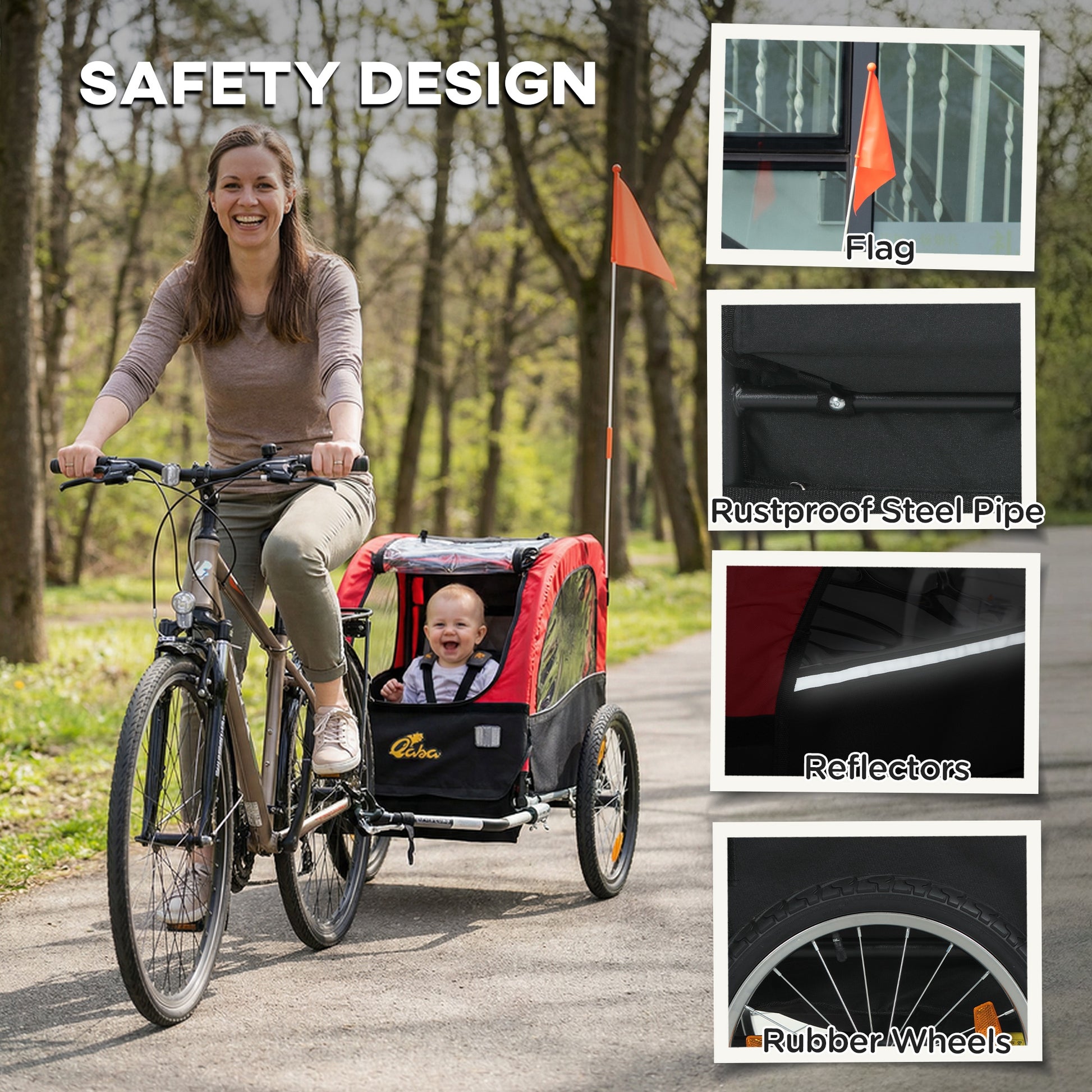 Qaba Bike Trailer for Kids, Baby Bicycle Trailer with 5-Point Harness, 16" Rubber Wheels, Storage Bag, for 18+ Months, R