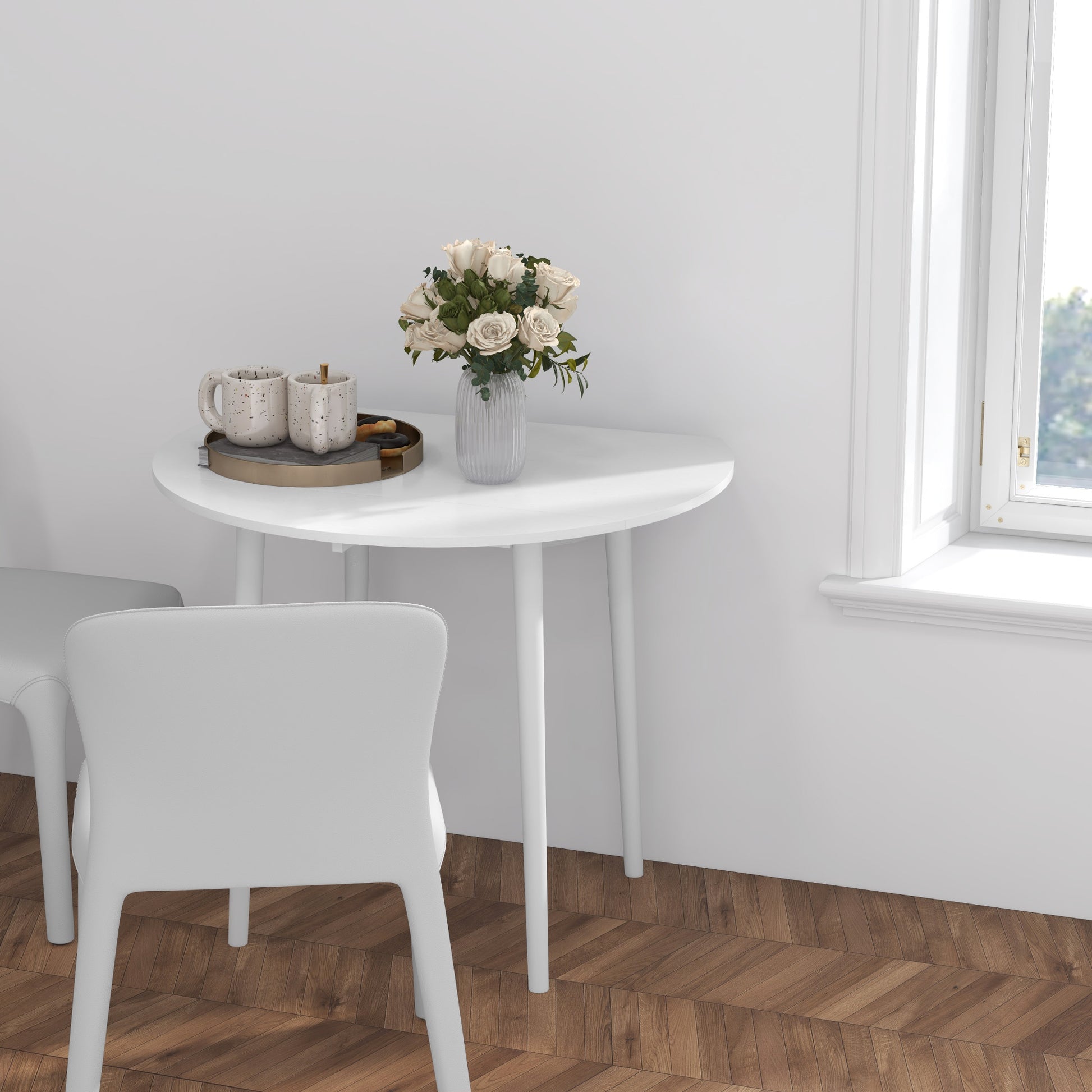 Folding Dining Table, Round Drop Leaf Kitchen Table for Small Spaces with Wood Legs, Distressed White