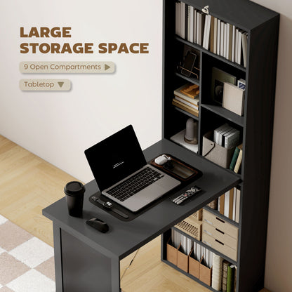Fold-out Convertible Office Desk, Wall Mount Computer Desk with Blackboard and Side Shelf, Black