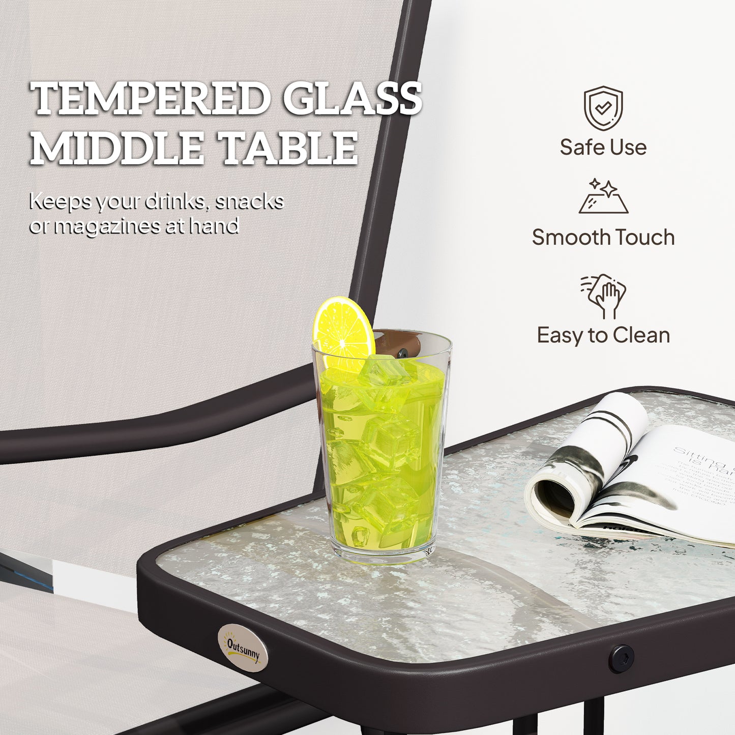 Double Patio Glider Chair with Glass Top Center Table, Outdoor Glider Loveseat with High Back,  All Weather Breathable M
