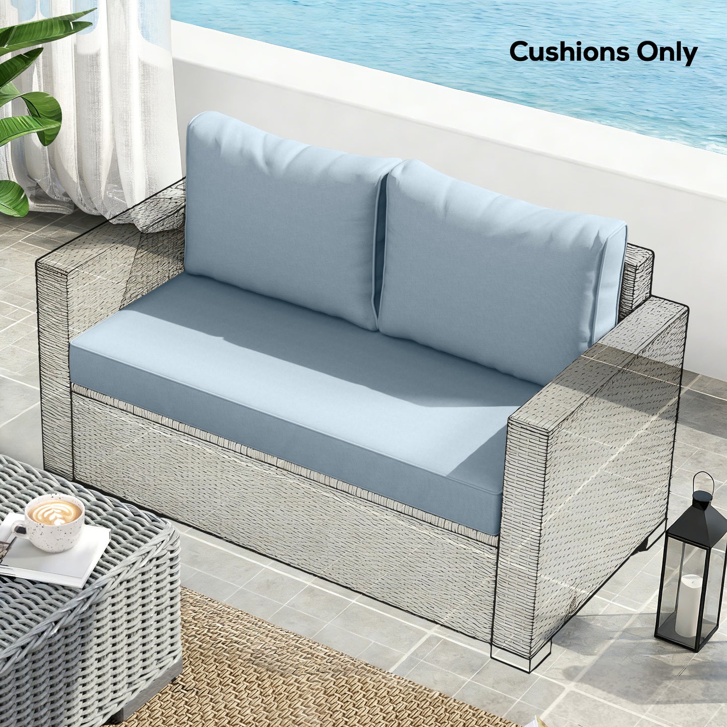 Outdoor Seat Cushions with Backrest, Loveseat Double Sofa Outdoor Furniture Cushions, Light Blue