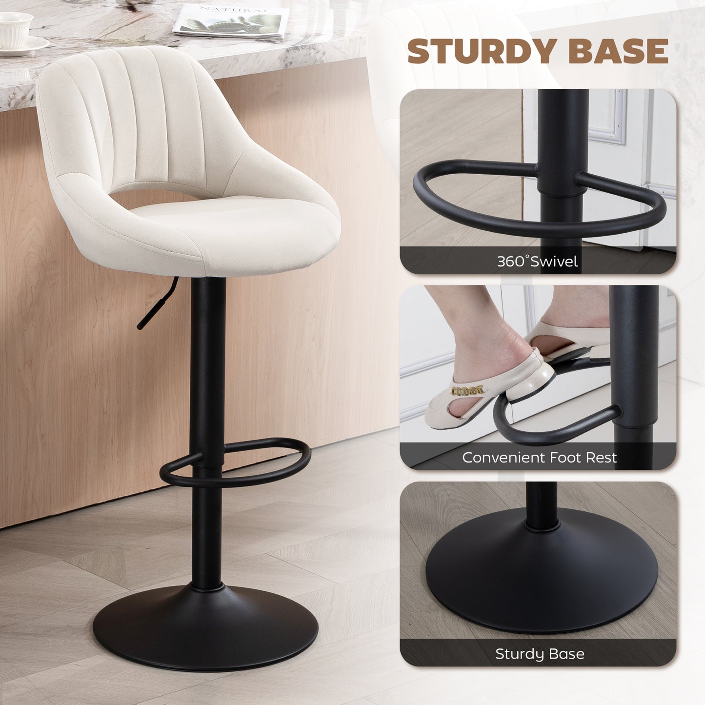 Bar Stools Set of 2, Swivel Counter Height Barstools with Adjustable Height and Cutout Back, Velvet Upholstered Bar Chai