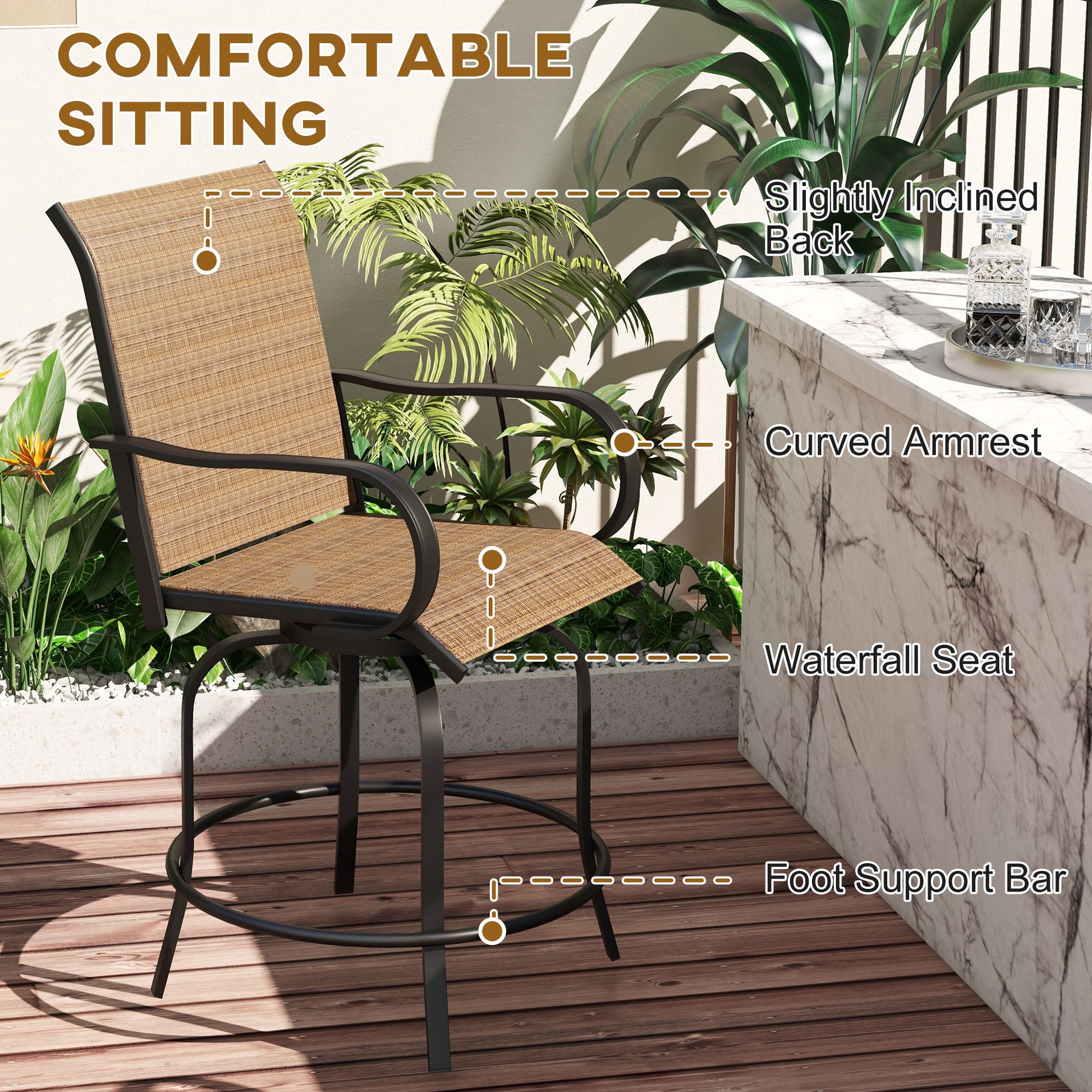 Outdoor Bar Stools Set of 2, 360° Swivel Bar Height Chairs, 26.8" x 29.5" x 48.4", Brown