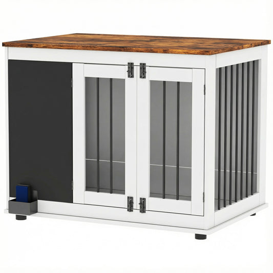 39" Dog Crate Furniture Side End Table for Large Dogs w/ Blackboard, Three Doors, White
