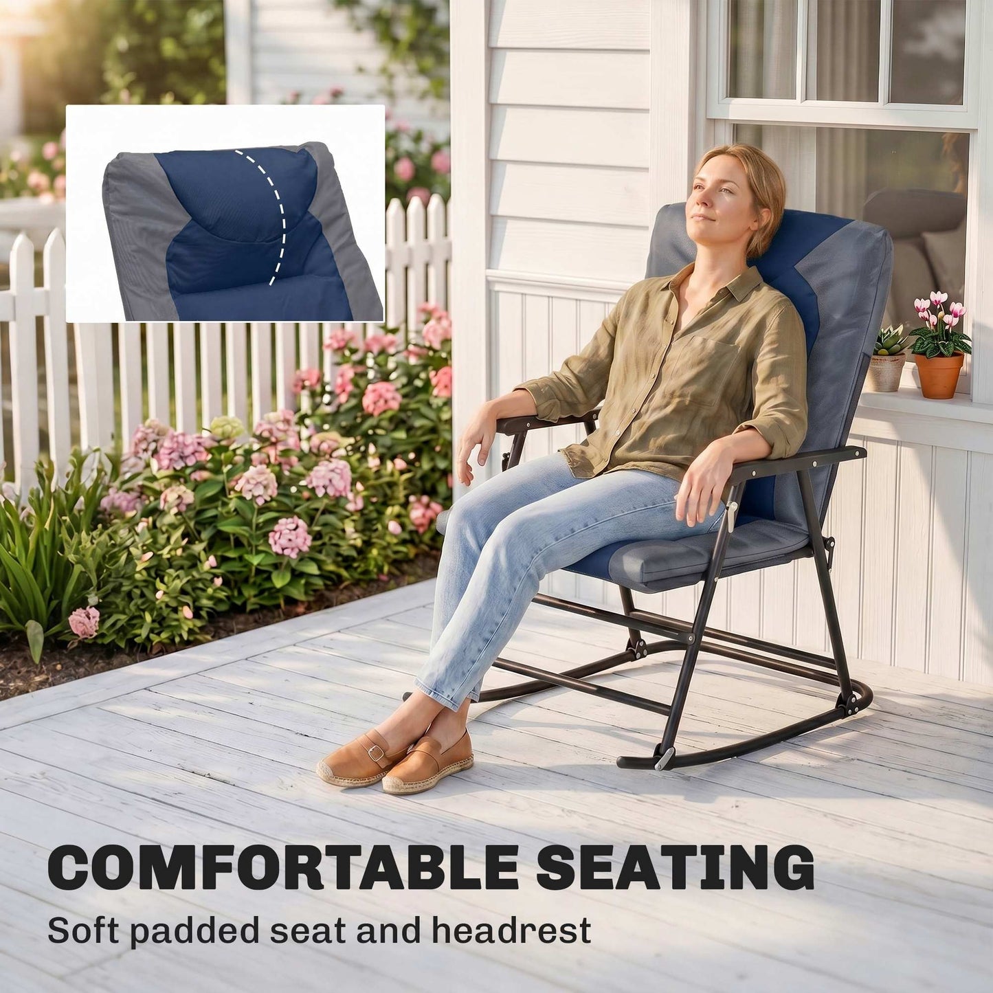 3pc Patio Foldable Rocking Chair Set, Outdoor Rocking Chairs and Table Bistro Set w/ Padded Seat, Headrest, Backrest for