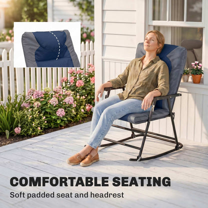 3pc Patio Foldable Rocking Chair Set, Outdoor Rocking Chairs and Table Bistro Set w/ Padded Seat, Headrest, Backrest for