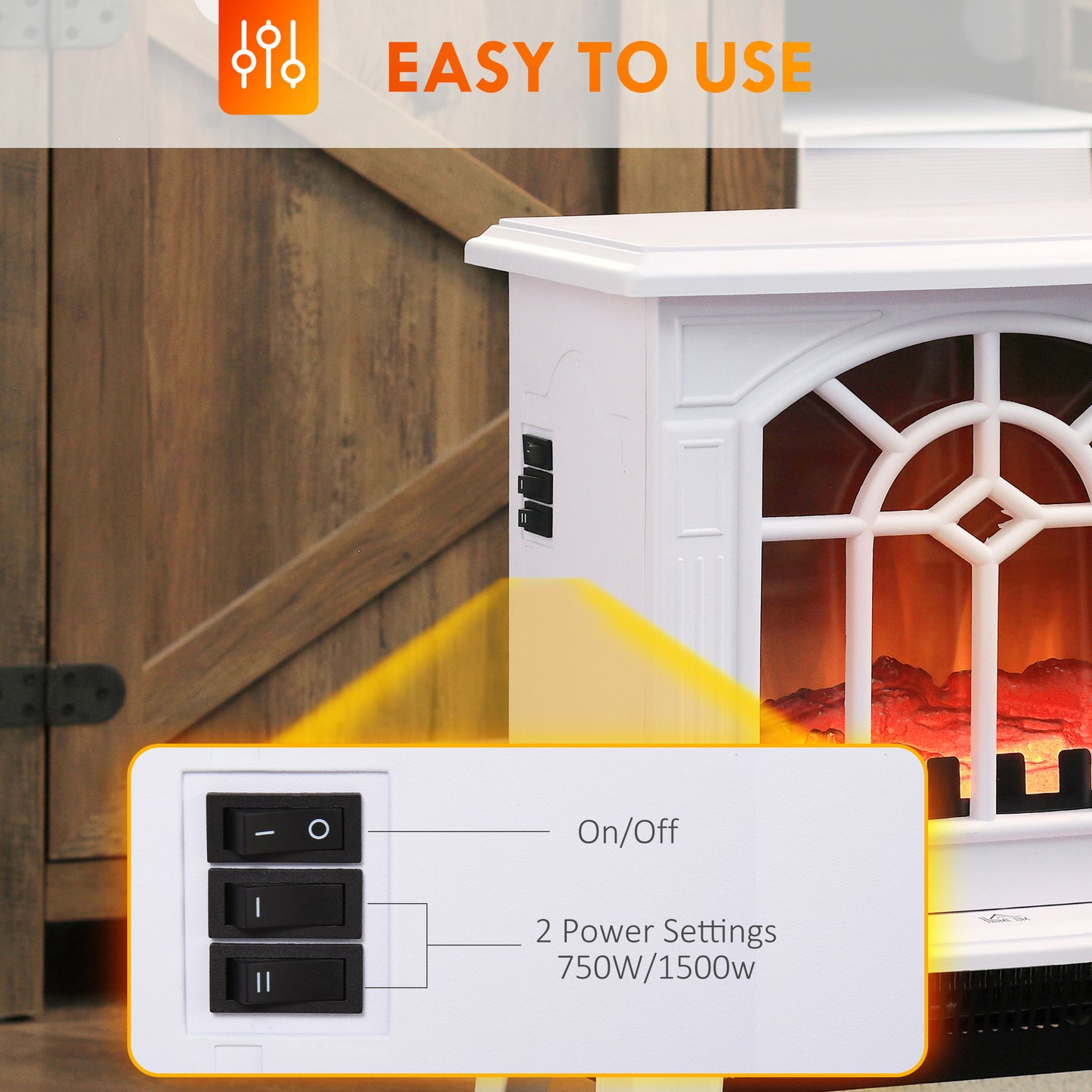 Electric Fireplace Heater, Freestanding Fireplace Stove with Realistic Flame and Overheat Protection, 750W/1500W, White