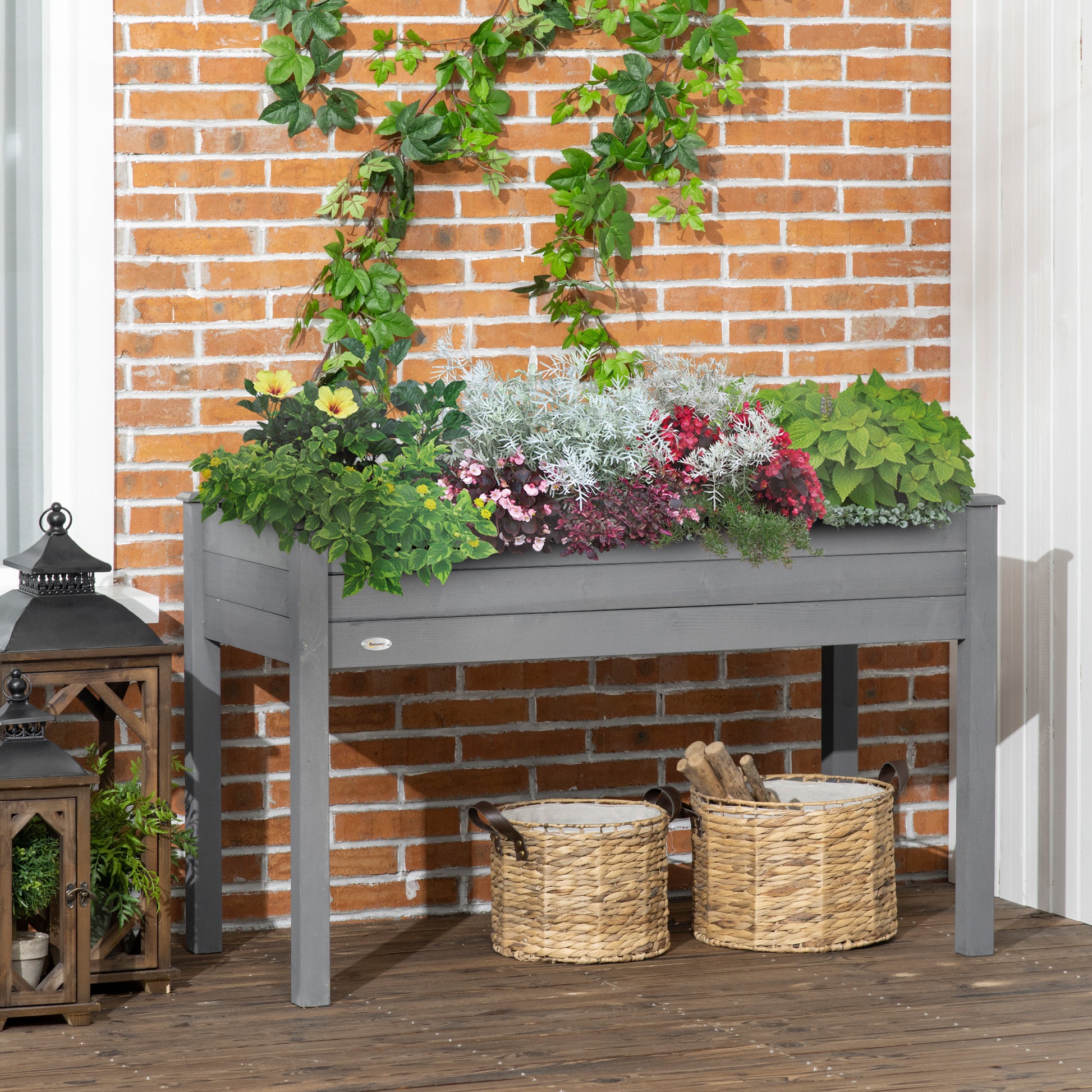 48" x 22" x 30" Wooden Patio Raised Garden Bed Planter, Elevated Planter Box with Legs, Outdoor Flower Stand with Inner 