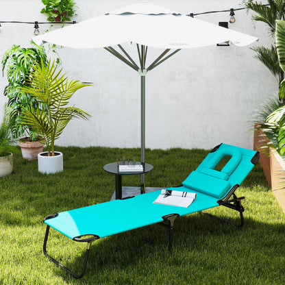 Folding Outdoor Lounge Chair, Portable Reclining Beach Lounger with Face Hole, Detachable Pillow, 3-Position Adjustable 