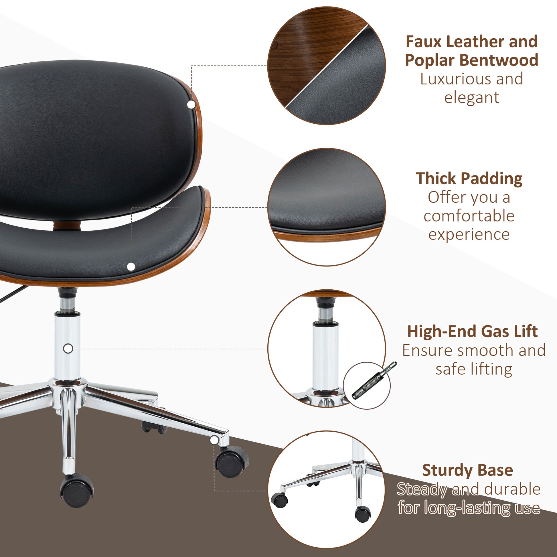 Office Chair, Faux Leather and Bentwood Computer Desk Chair with 360 Degree Swivel Wheels, Adjustable Height and Curved 
