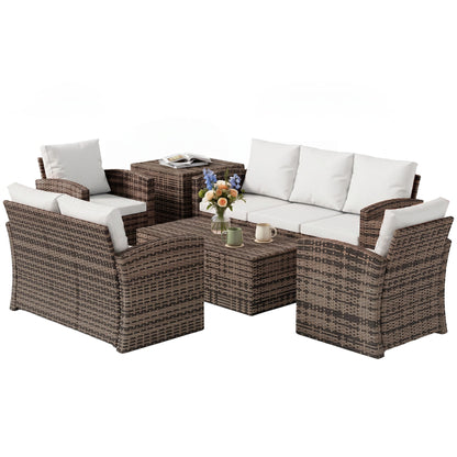 6 Pieces Wicker Patio Furniture Set with Cushions, 7-Seater Rattan Patio Sofa Set with Storage Table, Cream White