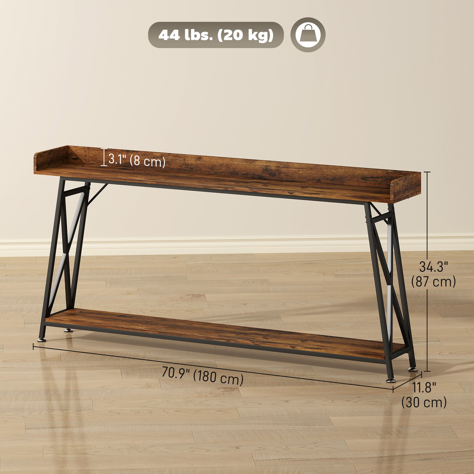 71" Extra Long Console Table with Storage Shelf and Guardrails, Industrial Entryway Table for Living Room, Rustic Brown