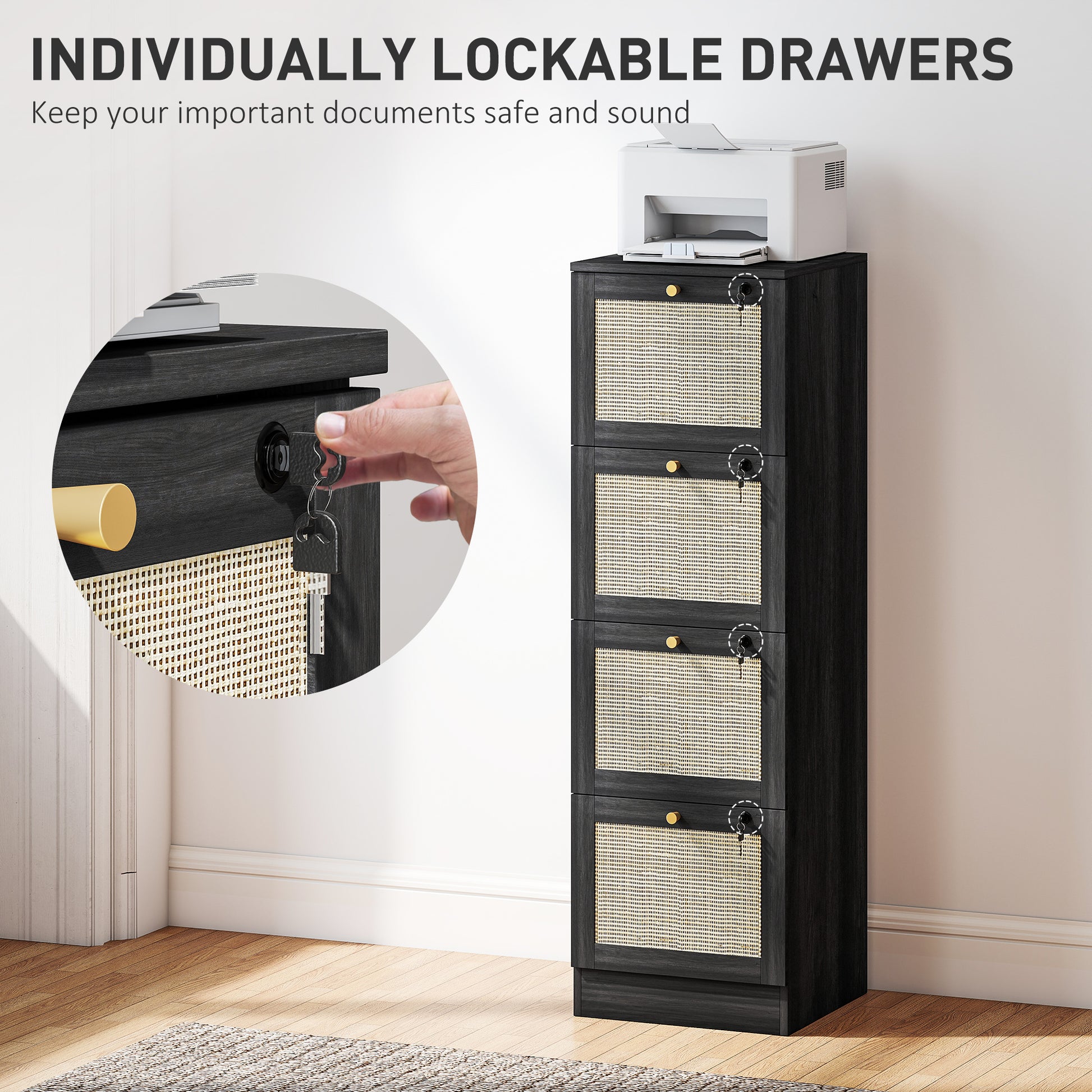 4 Drawer Filing Cabinet with Lock, Boho File Cabinet for A4 Letter Size Files with Decorative Rattan Accents, Black