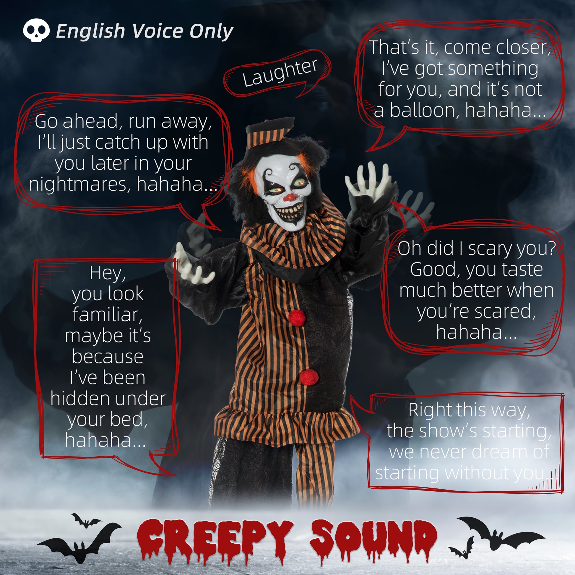 5.6' Life Size Clown Outdoor Halloween Decoration Animatronic, Animated Prop w/ Light Up Eyes