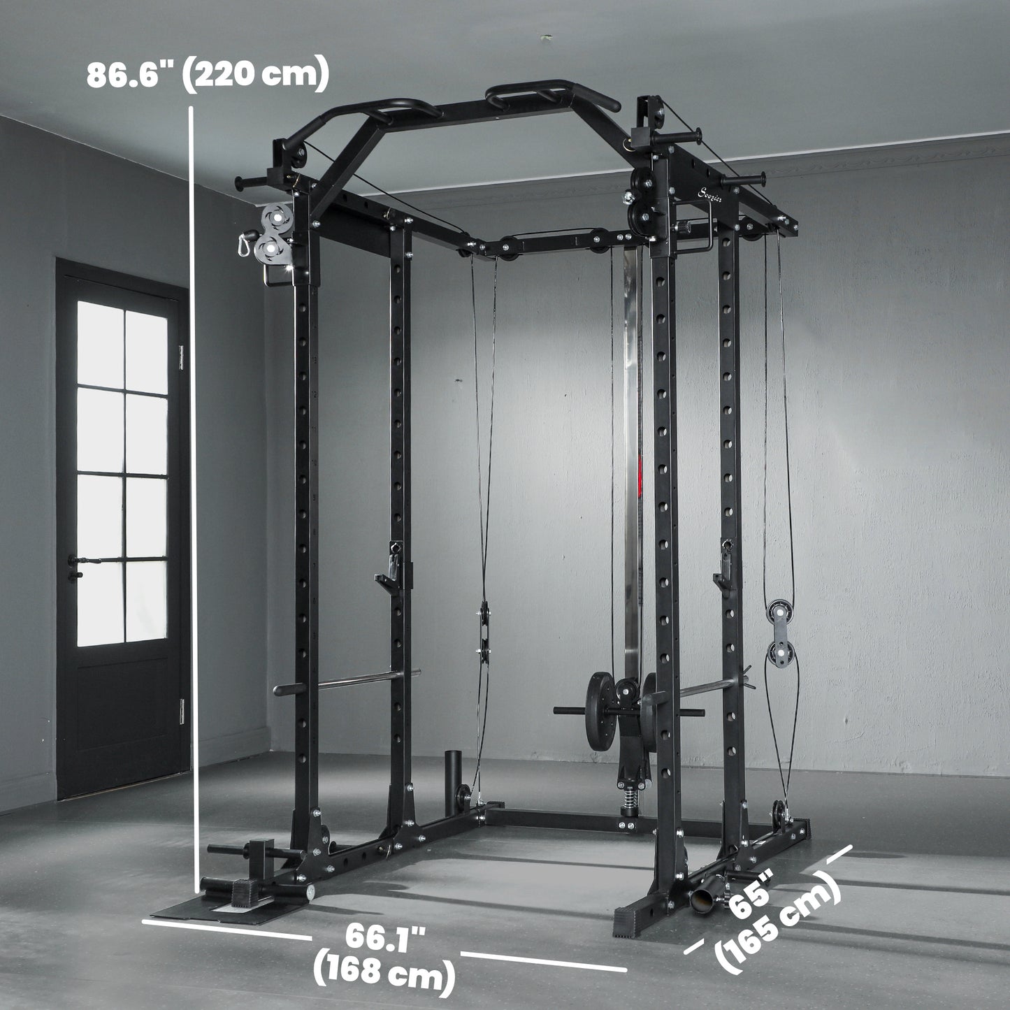 Soozier Multi-Functional Power Rack, Smith Machine Cable Crossover System with Pull Up Bar, Lat-Pull Down System, Landmi