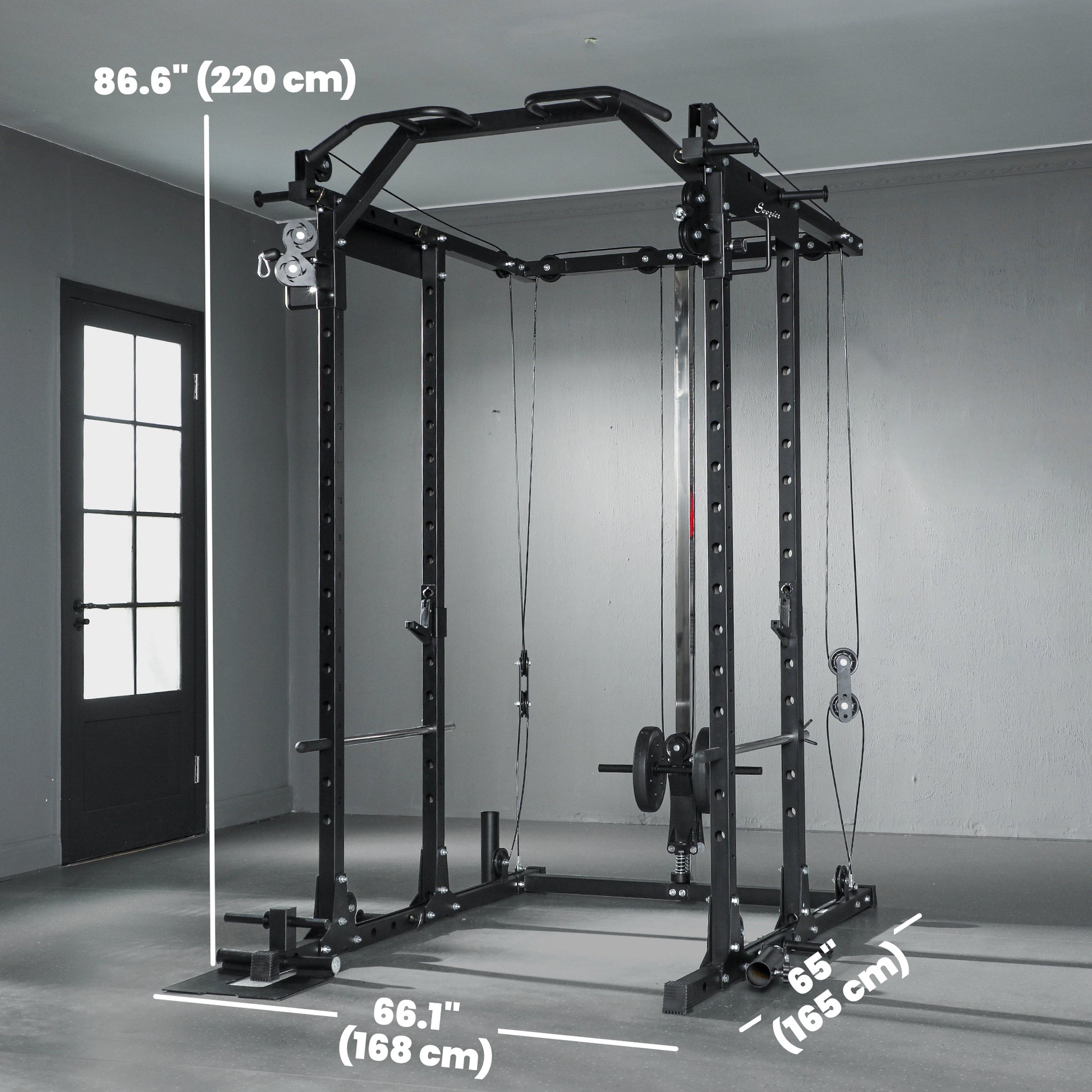 Soozier Multi-Functional Power Rack, Smith Machine Cable Crossover System with Pull Up Bar, Lat-Pull Down System, Landmi