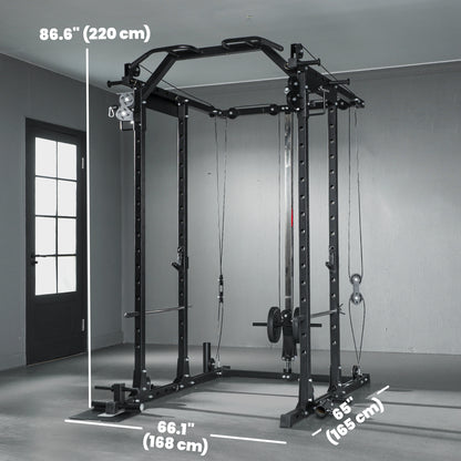 Soozier Multi-Functional Power Rack, Smith Machine Cable Crossover System with Pull Up Bar, Lat-Pull Down System, Landmi