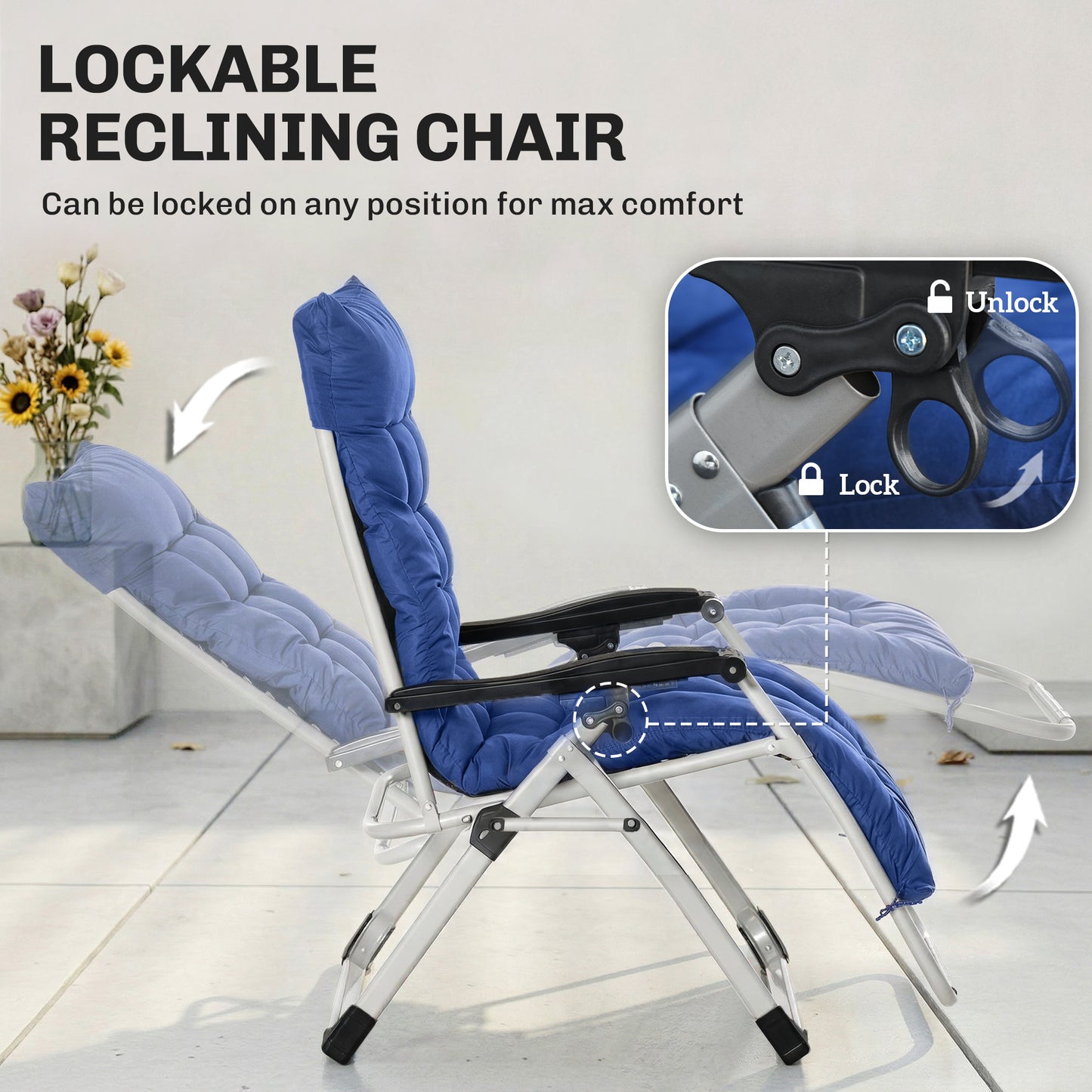 Reclining Zero Gravity Chair with Adjustable Backrest, Folding Garden Sun Lounger, Outdoor Recliner with Removable Cushi