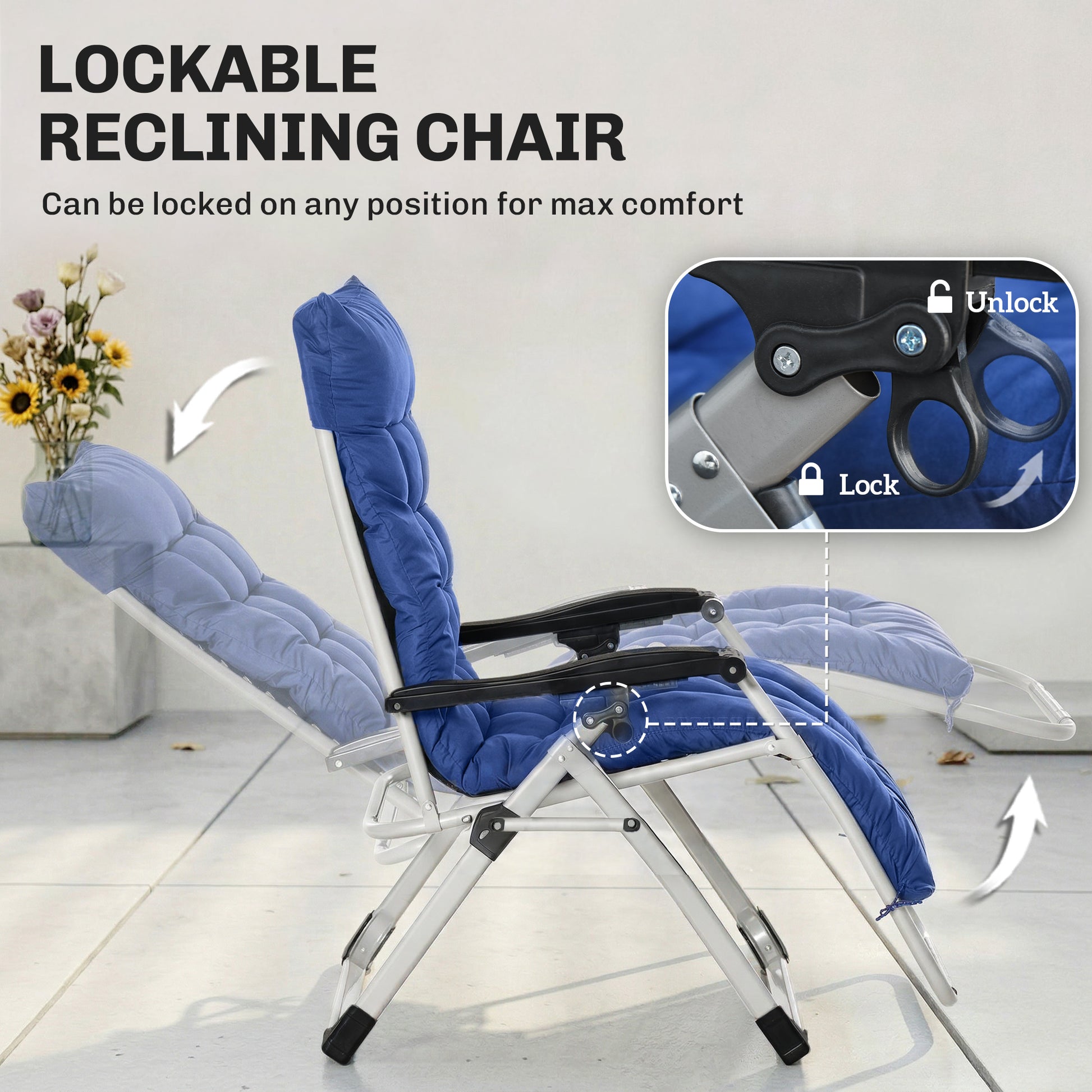 Reclining Zero Gravity Chair with Adjustable Backrest, Folding Garden Sun Lounger, Outdoor Recliner with Removable Cushi