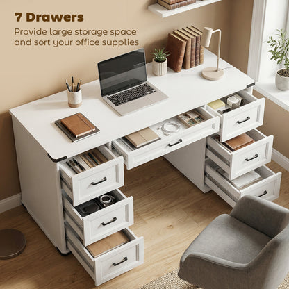 55" Computer Desk with 7 Drawers, Farmhouse Executive Desk for Home Office, Study, Bedroom, White Wood Grain