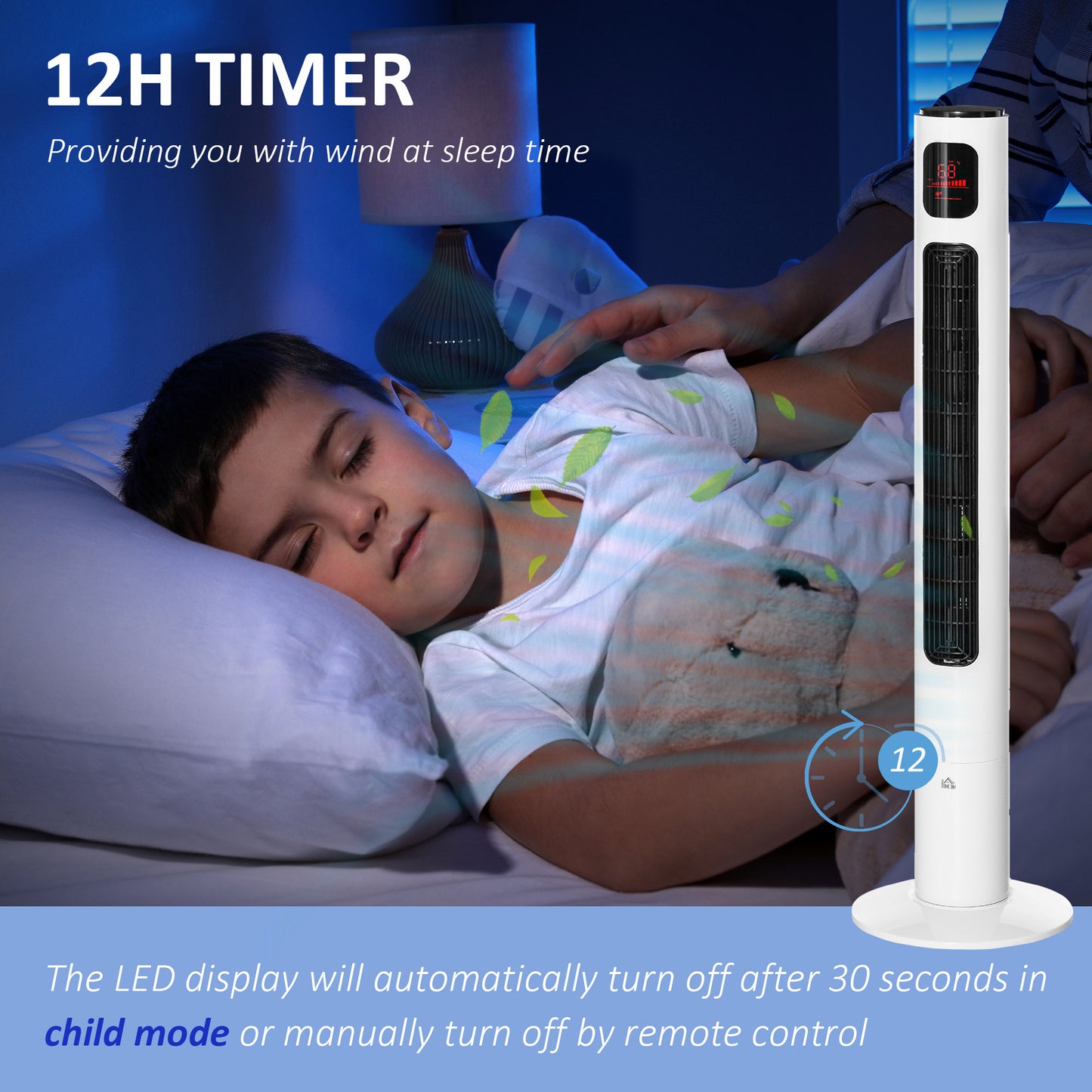 Freestanding Tower Fan Cooling for Home Bedroom with Oscillating, 3 Speed, 12h Timer, LED Sensor Panel, Remote Controlle