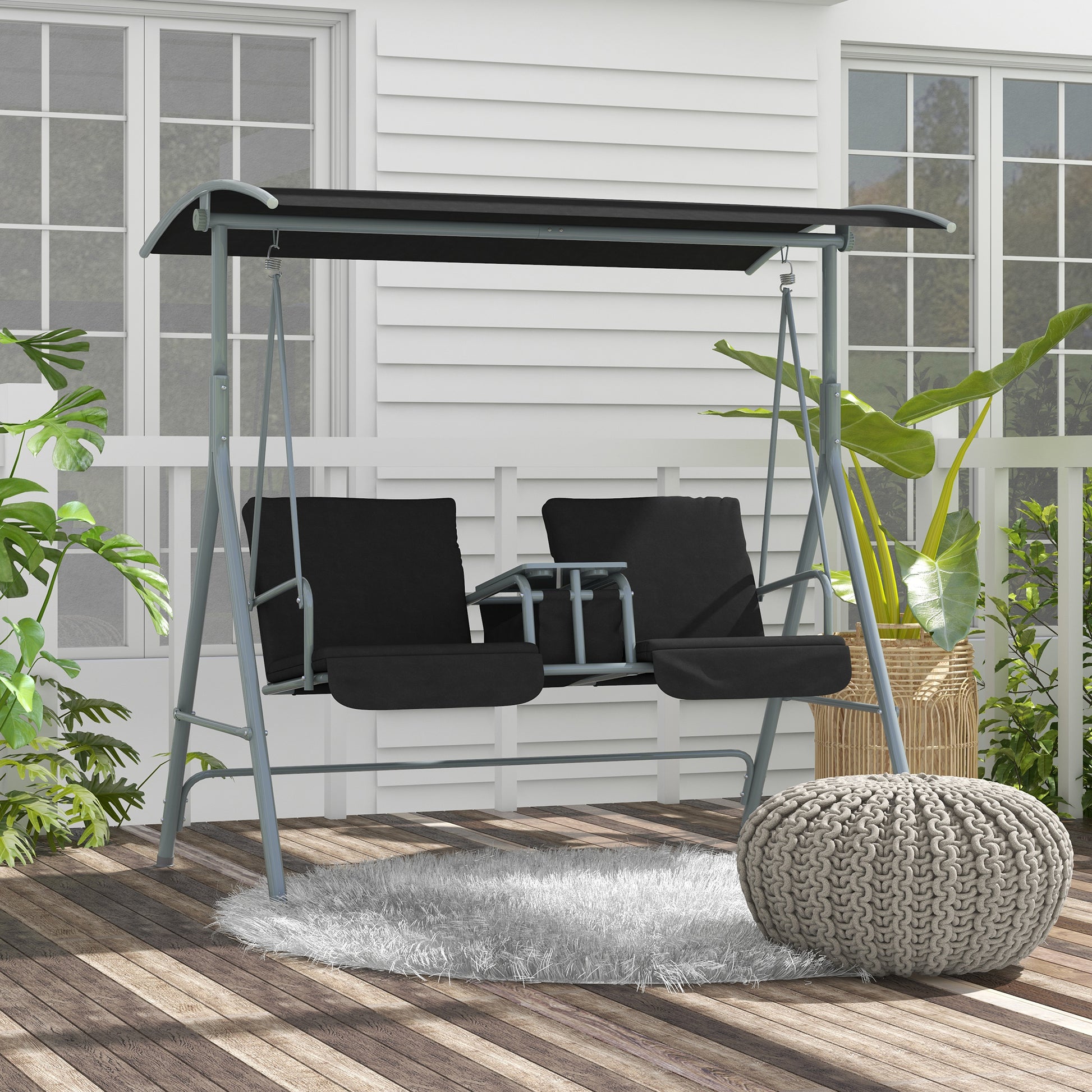 2-Seater Outdoor Porch Swing with Adjustable Canopy and Table, Patio Swing Chair for Garden, Poolside, Backyard, Black