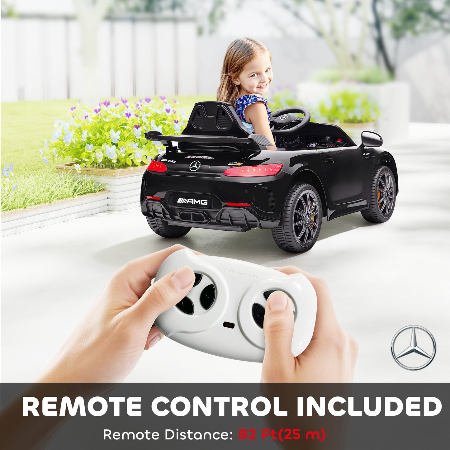 Qaba Mercedes-Benz AMG GTR Licensed 12V Battery Powered Kids Electric Car w/ Remote, Soft Start, Lights, Music Horn, Bla