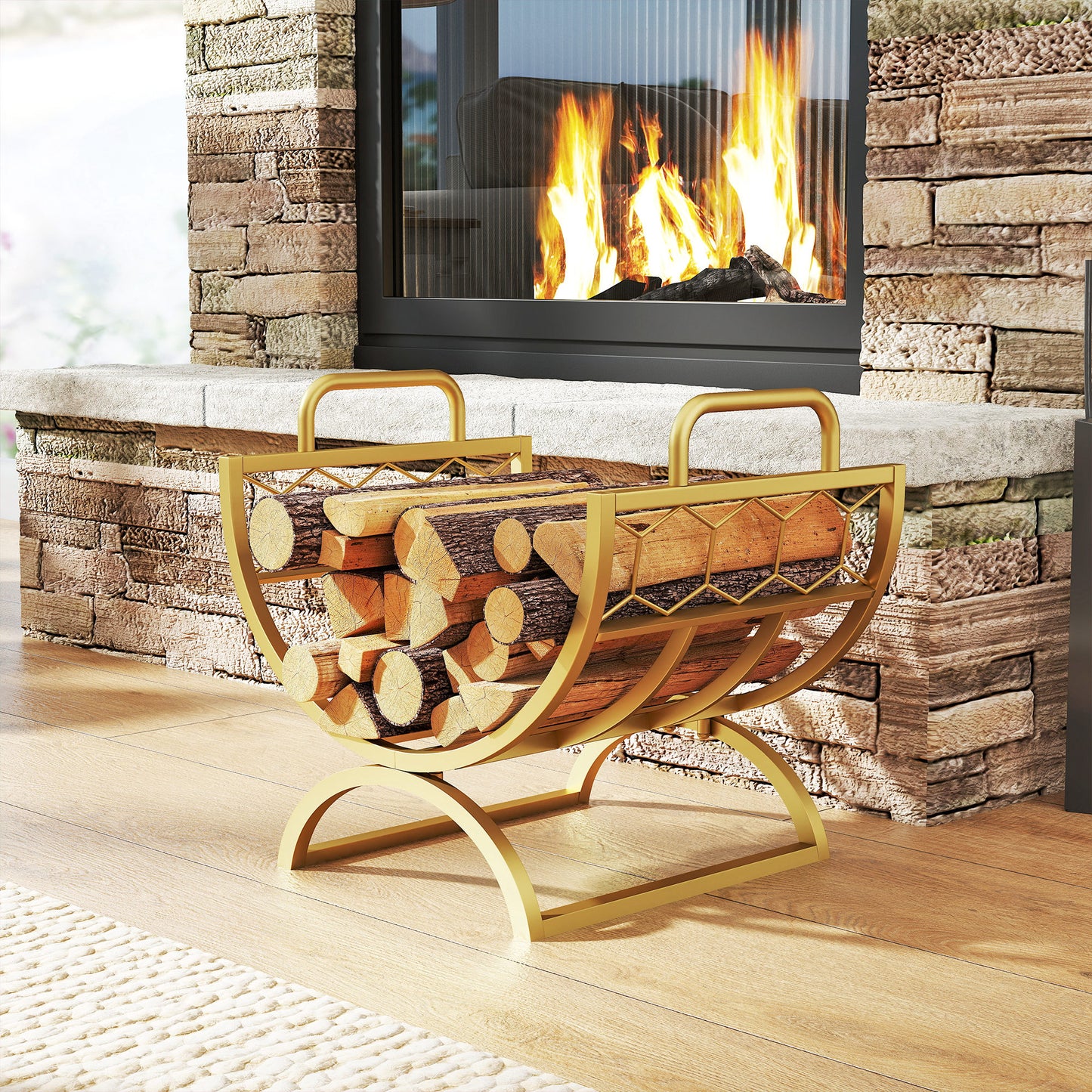 Firewood Rack Outdoor, Heavy Duty Log Holder with Handles for Indoor Outdoor Fireplace Storage 18" x 14" x 16", Gold